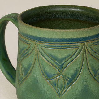Close-up details of hand-thrown mug by Rookwood