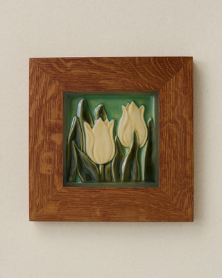 Framed hand-painted tile by Rookwood with yellow tulips