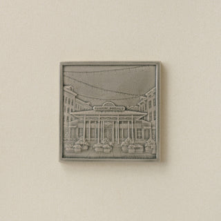 Gray Rookwood City Scene art tile featuring Findlay Market in Cincinnati, unframed