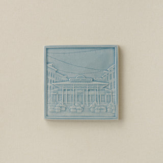 Blue Rookwood City Scene art tile featuring Findlay Market in Cincinnati, unframed