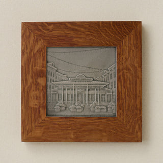 Rookwood Findlay Market City Scene art tile in a golden oak wood frame