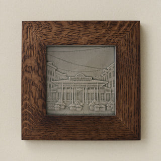 Rookwood Findlay Market City Scene art tile in a dark walnut wood frame