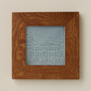 Rookwood Findlay Market City Scene art tile in a golden oak wood frame