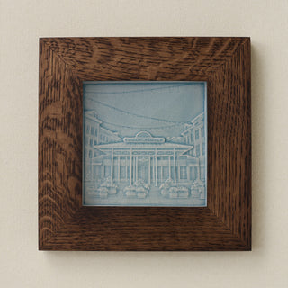 Rookwood Findlay Market City Scene art tile in a dark walnut wood frame