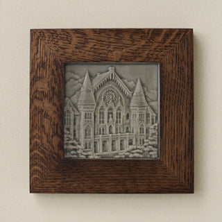 Rookwood Roebling Bridge City Scene art tile in a dark walnut wood frame