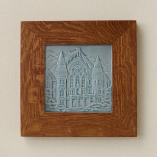 Rookwood Music Hall City Scene art tile in a golden oak wood frame