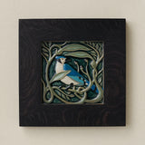 Rookwood Serviceberry Blue Jay revival bird art tile in a black ebony wood frame