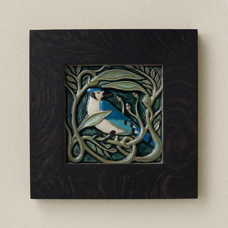 Rookwood Serviceberry Blue Jay revival bird art tile in a black ebony wood frame
