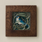 Rookwood Serviceberry Blue Jay revival bird art tile in a dark walnut wood frame