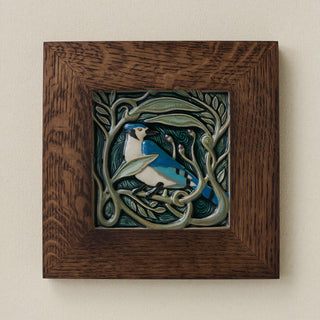 Rookwood Serviceberry Blue Jay revival bird art tile in a dark walnut wood frame