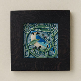 Rookwood Winterberry Blue Jay revival bird art tile in a black ebony wood frame