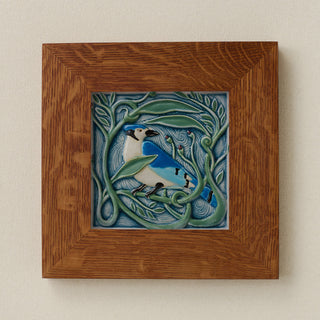 Rookwood Winterberry Blue Jay revival bird art tile in a golden oak wood frame