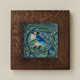 Rookwood Winterberry Blue Jay revival bird art tile in a dark walnut wood frame