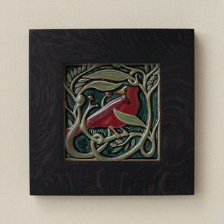Rookwood Serviceberry Cardinal revival bird art tile in a black ebony wood frame