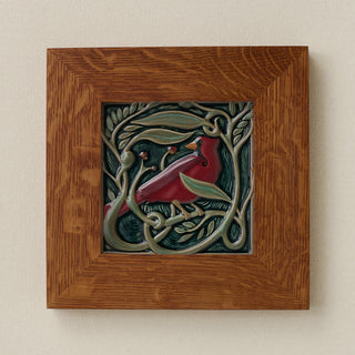 Rookwood Serviceberry Cardinal revival bird art tile in a golden oak wood frame