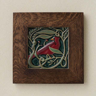 Rookwood Serviceberry Cardinal revival bird art tile in a dark walnut wood frame