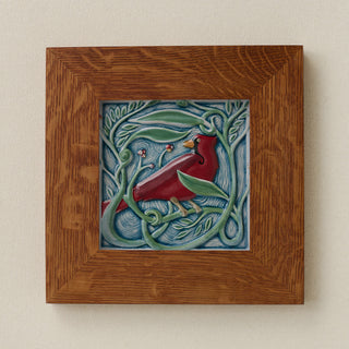 Rookwood Winterberry Cardinal revival bird art tile in a golden oak wood frame
