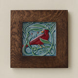 Rookwood Winterberry Blue Jay revival bird art tile in a dark walnut wood frame