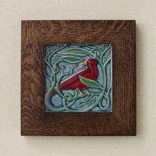 Rookwood Winterberry Blue Jay revival bird art tile in a dark walnut wood frame