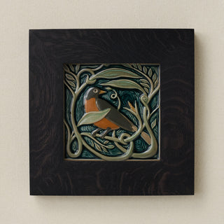 Rookwood Serviceberry Robin revival bird art tile in a black ebony wood frame