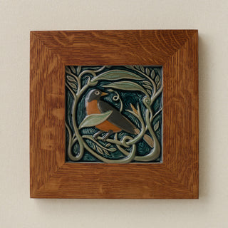 Rookwood Serviceberry Robin revival bird art tile in a golden oak wood frame