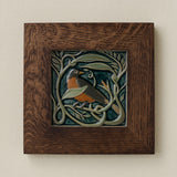 Rookwood Serviceberry Robin revival bird art tile in a dark walnut wood frame
