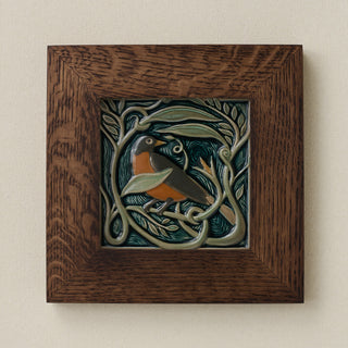 Rookwood Serviceberry Robin revival bird art tile in a dark walnut wood frame
