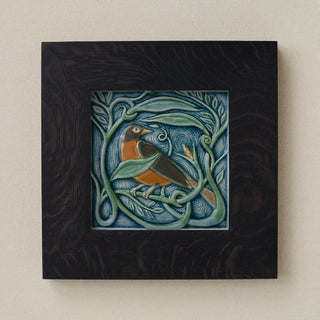 Rookwood Winterberry Robin revival bird art tile in a black ebony wood frame