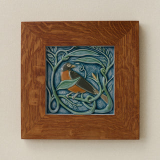 Rookwood Winterberry Robin revival bird art tile in a golden oak wood frame