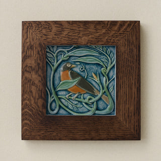 Rookwood Winterberry Robin revival bird art tile in a dark walnut wood frame