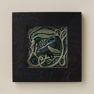 Rookwood Serviceberry Rook revival bird art tile in a black ebony wood frame