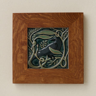 Rookwood Serviceberry Rook revival bird art tile in a golden oak wood frame