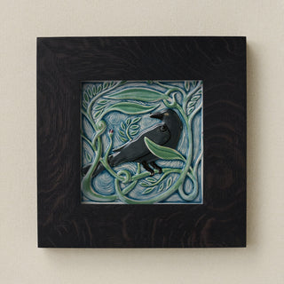 Rookwood Winterberry Rook revival bird art tile in a black ebony wood frame