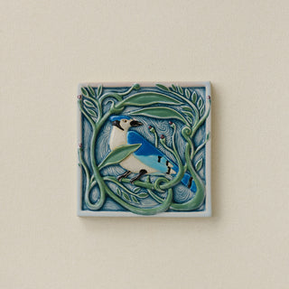 Hand-painted Rookwood Winterberry Blue Jay revival bird art tile in cool blue winter tones, unframed