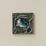 Hand-painted Rookwood Serviceberry Blue Jay revival bird art tile in warm summer tones, unframed