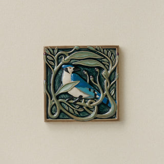 Hand-painted Rookwood Serviceberry Blue Jay revival bird art tile in warm summer tones, unframed