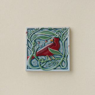 Hand-painted Rookwood Winterberry Cardinal revival bird art tile in cool blue winter tones, unframed