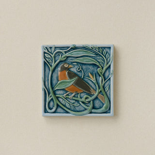 Hand-painted Rookwood Winterberry Robin revival bird art tile in cool blue winter tones, unframed