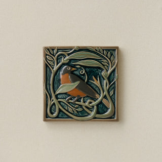 Hand-painted Rookwood Serviceberry Robin revival bird art tile in warm summer tones, unframed