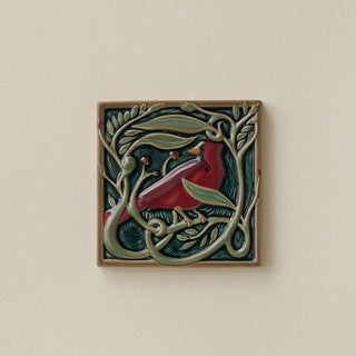 Hand-painted Rookwood Serviceberry Cardinal revival bird art tile in warm summer tones, unframed