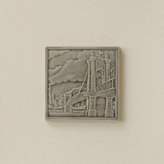 Gray Rookwood City Scene art tile featuring the Roebling Bridge in Cincinnati, unframed