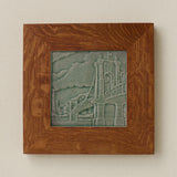 Rookwood Roebling Bridge City Scene art tile in a golden oak wood frame