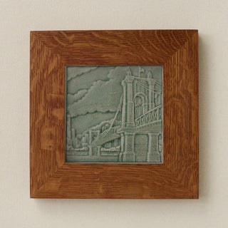 Rookwood Roebling Bridge City Scene art tile in a golden oak wood frame