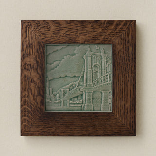 Rookwood Roebling Bridge City Scene art tile in a dark walnut wood frame