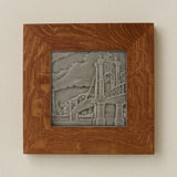 Rookwood Roebling Bridge City Scene art tile in a golden oak wood frame