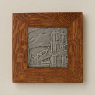 Rookwood Roebling Bridge City Scene art tile in a golden oak wood frame