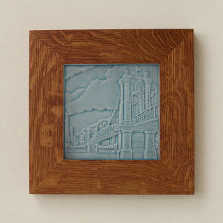 Rookwood Roebling Bridge City Scene art tile in a golden oak wood frame