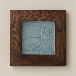 Rookwood Roebling Bridge City Scene art tile in a dark walnut wood frame