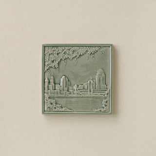 Green Rookwood City Scene art tile featuring the Cincinnati skyline, unframed
