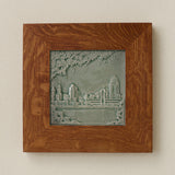 Rookwood Cincinnati Skyline City Scene art tile in a golden oak wood frame